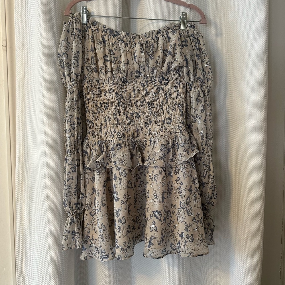 Off the Should Grey Dress with Floral Design